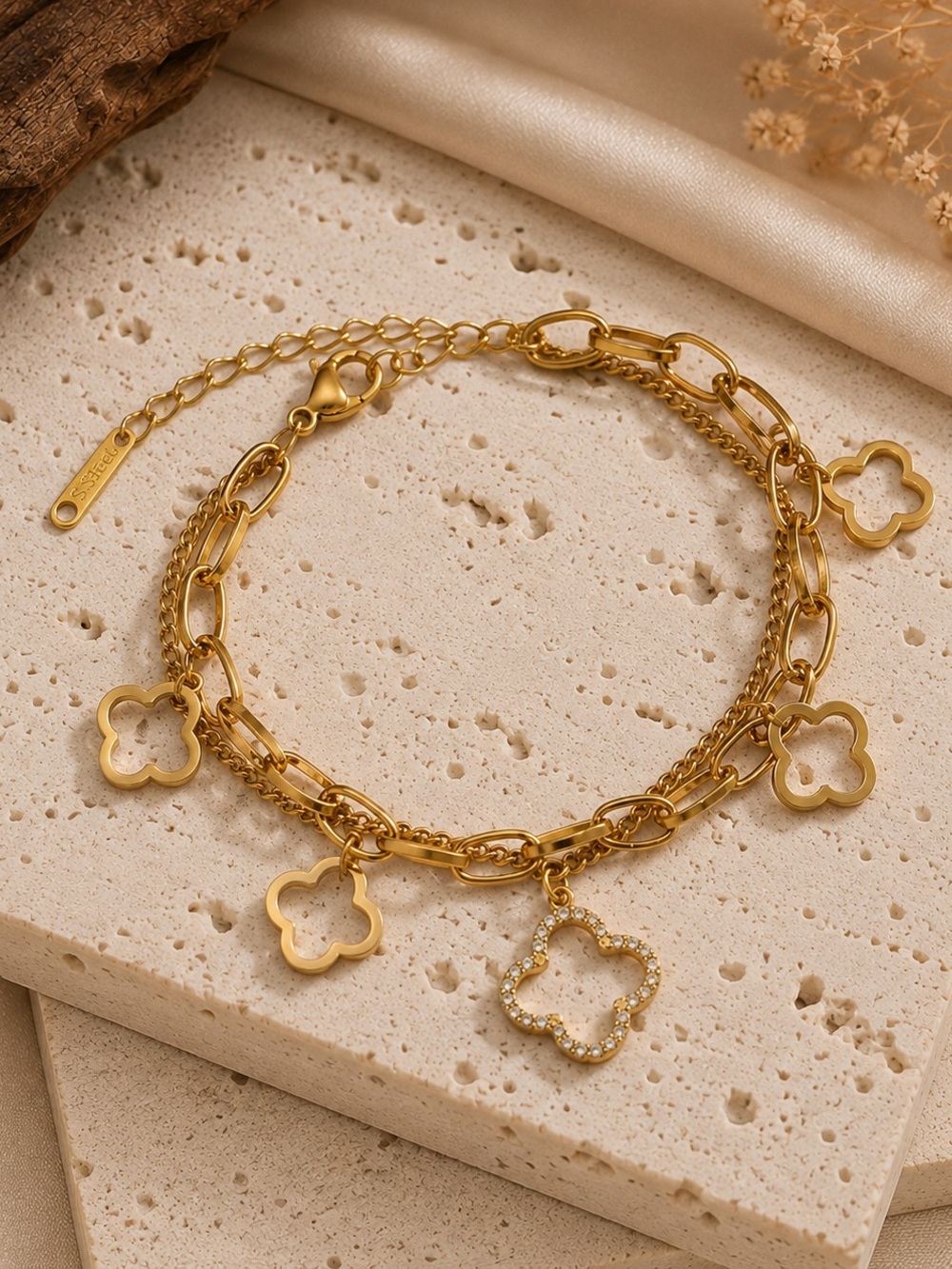 Gold Clover Charm Double Chain Bracelet